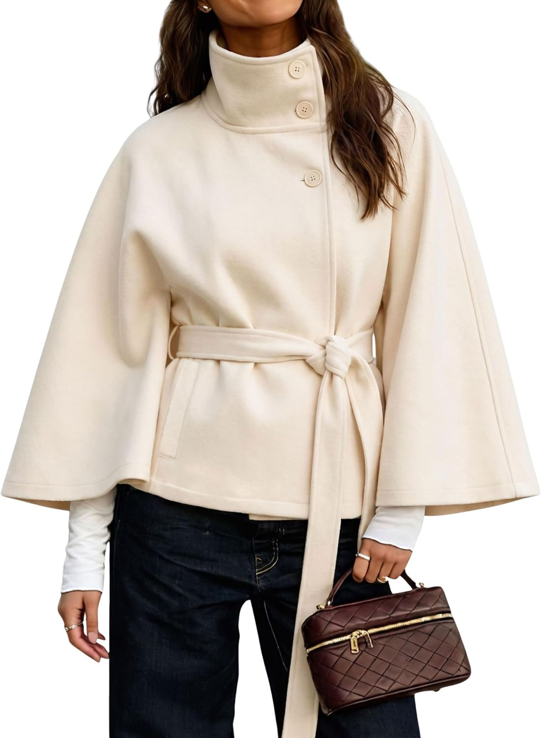 Hooever Women Batwing Sleeve Ponchos Pea Coat Wool Blend Stand Collar Jacket Winter Cropped Overcoat | Amazon (US)