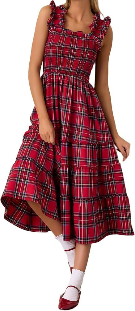 Women Christmas Plaid Sleeveless Maxi Dress Fall Ruffle Sleeve Cocktail Long Dresses Vintage Ging... | Amazon (US)