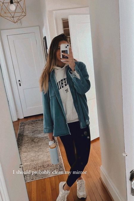 Casual outfit, oversized denim shirt, sweatshirt, lululemon, Anine bing, everyday outfit 