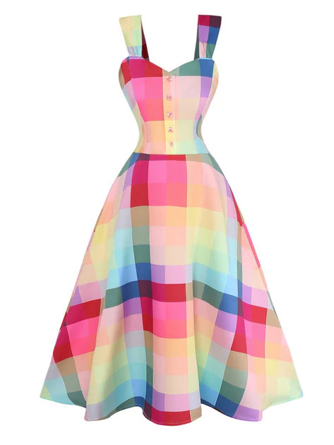 1950s Colorful Plaid Wide-strap A-Line Dress | Retro Stage