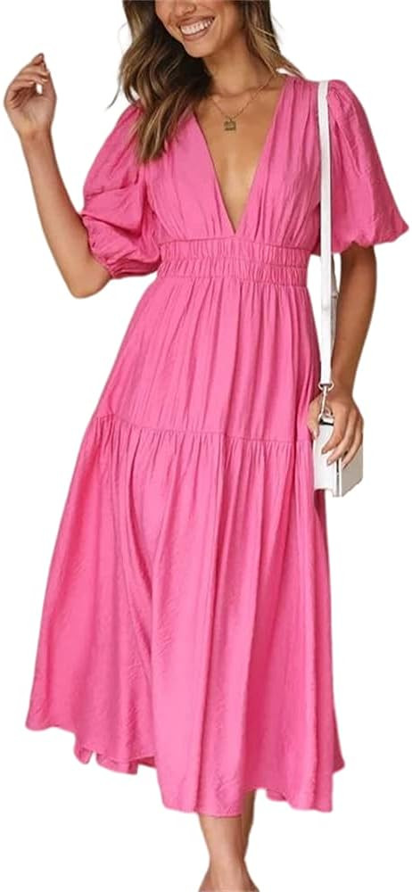 HOULENGS Women's Deep V Neck Puff Short Sleeve Tiered Dress Elastic High Waist Flowy A Line Midi ... | Amazon (US)