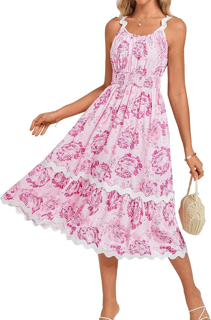 GRACE KARIN Womens 2025 Summer Floral Dress Casual Spaghetti Strap Flowy Outfit RIC Rac Trim Sund... | Amazon (US)