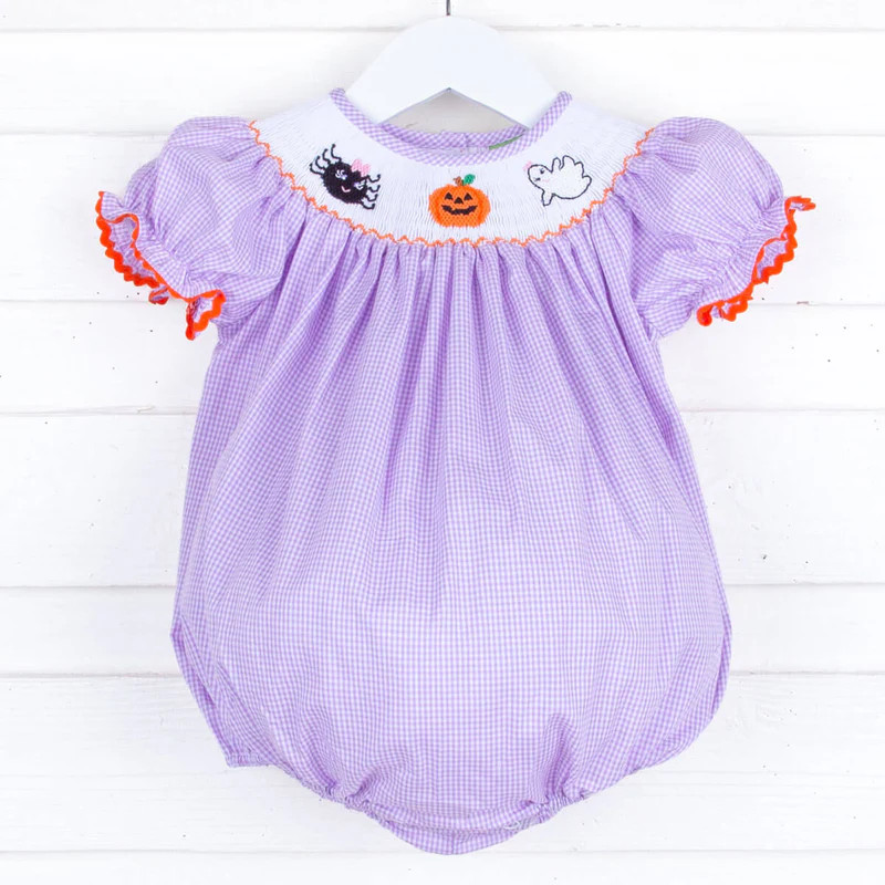 Halloween Smocked Lavender Gingham Bubble | Classic Whimsy