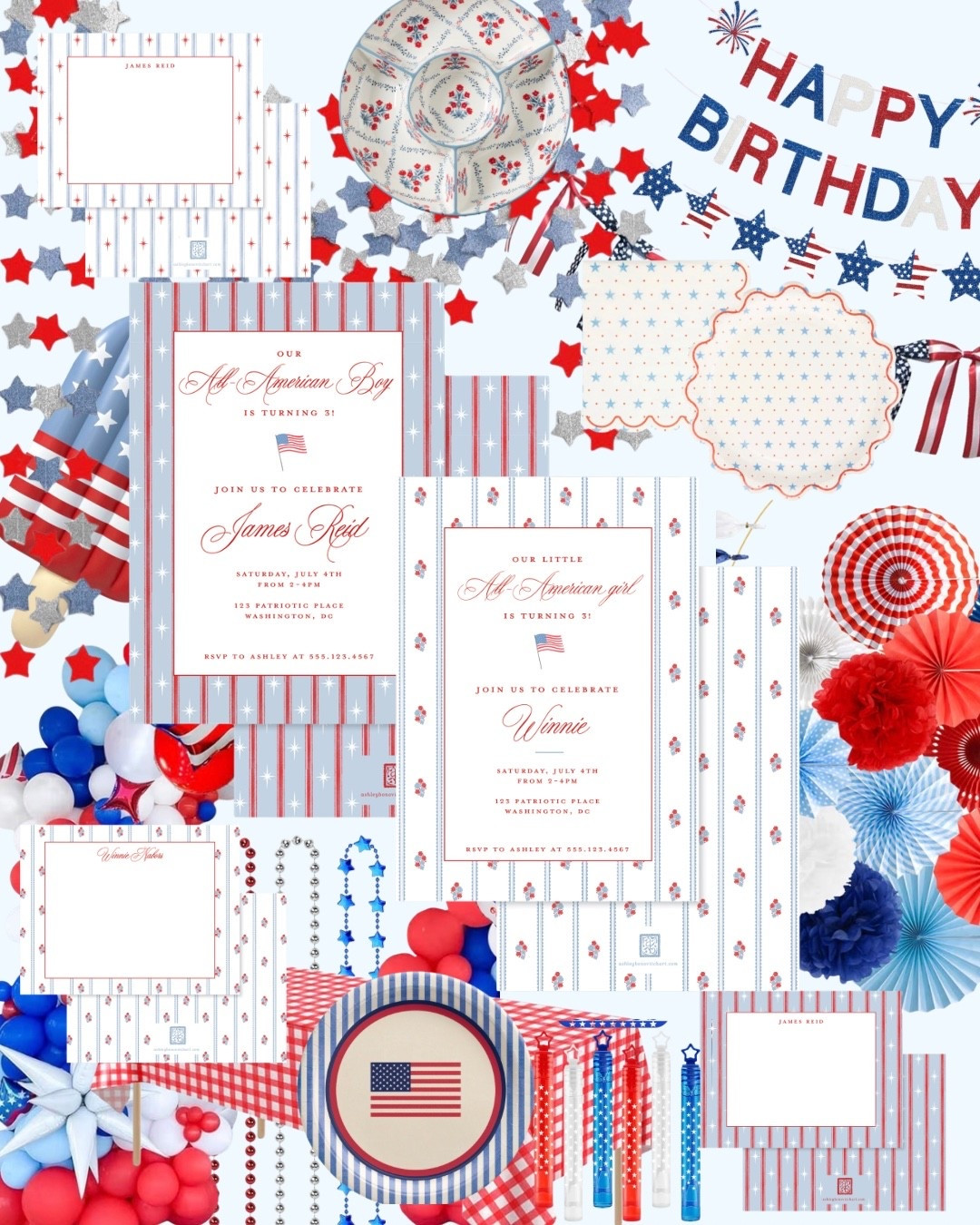 This week’s Theme Thursday is showing off our new Americana Collection! 🇺🇸✨ Have the cutest summer birthday party with an “All American Boy or Girl” theme! From invitations to party details, this collection is perfect for all your patriotic summer celebrations! ❤️🤍💙

Shop this invitation and more at Ashley Bonovitch art.com

#LTKKids #LTKmomlife #LTKBaby