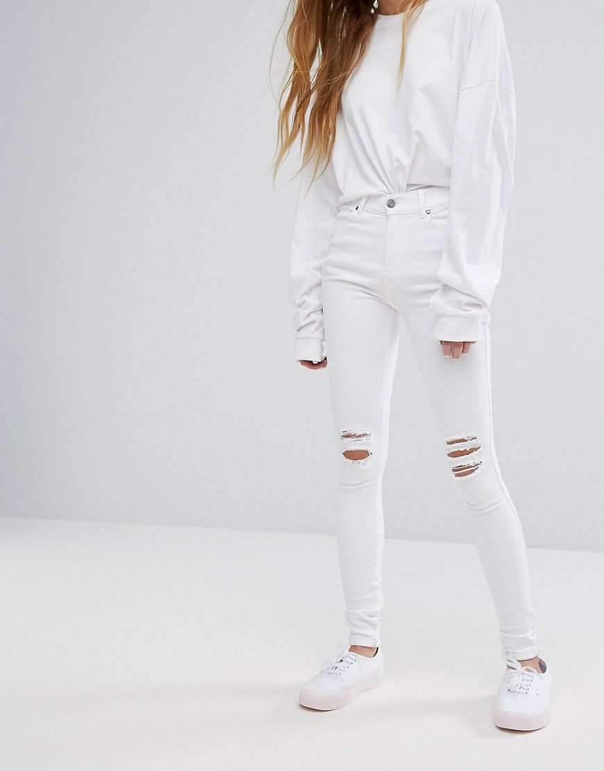 Dr Denim Lexy Mid Rise Second Skin Super Skinny Ripped Knee Jeans - White | Asos EE