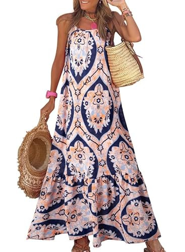 Dokotoo Women Summer Dresses 2026 Spaghetti Strap Scoop Neck Smocked Ruffle Flowy Boho Maxi Dress | Amazon (US)