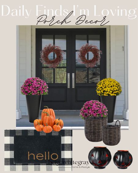 Outdoor porch decor for fall! The 24” wreaths, mums, planters and baskets, outdoor mats and Jack o lanterns all linked here! Beigewhitegray 

#LTKSeasonal #LTKHalloween #LTKhome