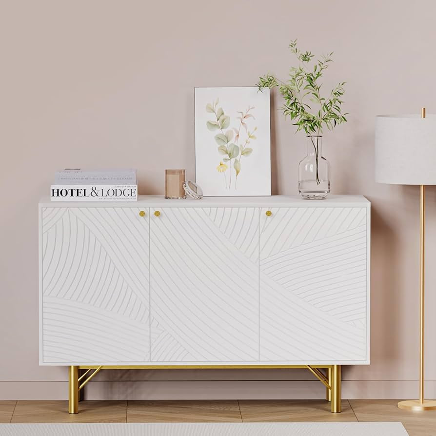 Vrullu White Storage Cabinet with 3 Doors, Wood Sideboard Buffet Storage with Adjustable Shelf, A... | Amazon (US)