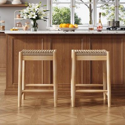 Christopher Knight Home Isabella Boho 25.8" Acacia Wood Backless Counter Stools with Wicker Woven Seat, Natural, Set of 2 | Target