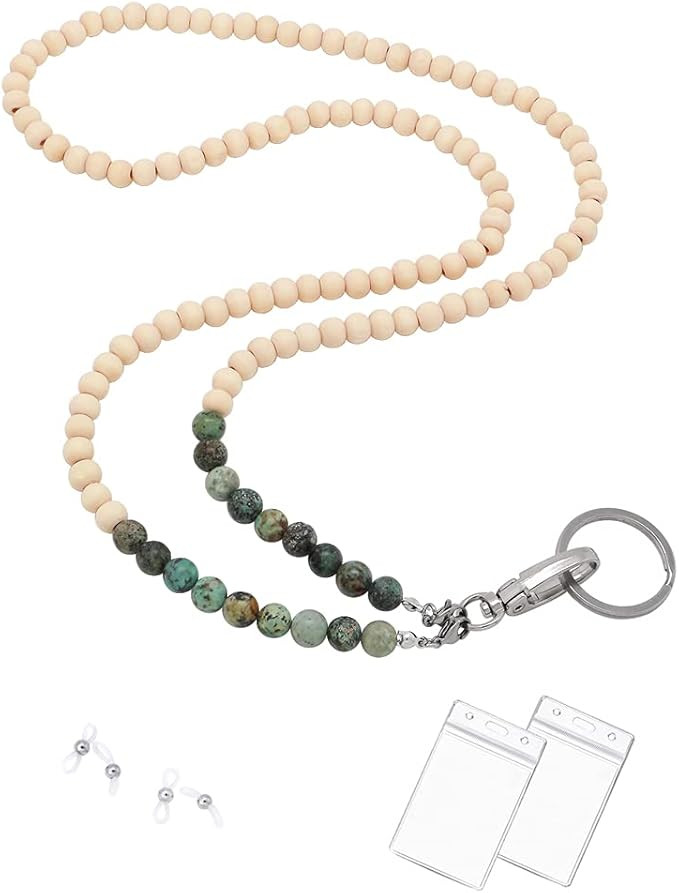 C&L Accessories Lanyards for ID Badges, Beaded Wood Natural Stone Lanyard Glasses Chains for Wome... | Amazon (US)