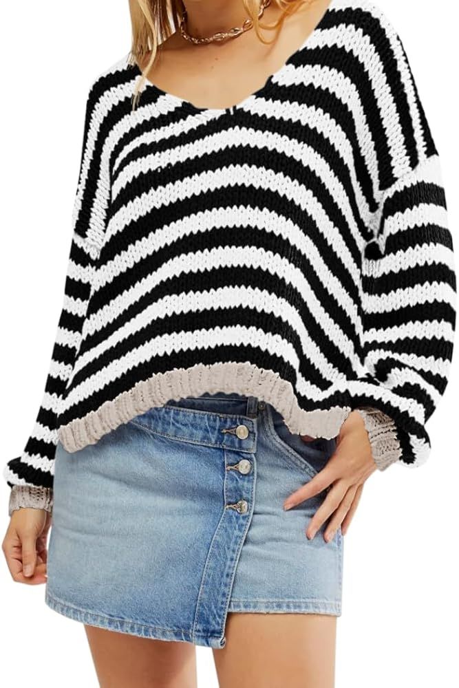 Saodimallsu Womens Striped Sweater V Neck Color Block Long Sleeve Loose Casual Pullover Jumpers | Amazon (US)