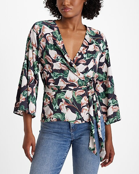 Floral V-Neck Kimono Sleeve Surplice Tie Waist Top | Express