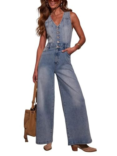 utcoco Womens Half Button Denim Jumpsuit Sleeveless V Neck Wide Leg Jeans Overall One Piece Outfits (X-Small, Blue) | Amazon (US)