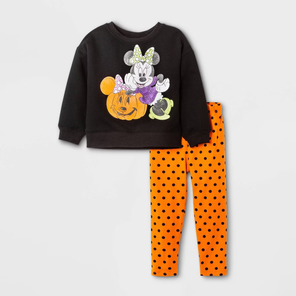 Toddler Girls' Minnie Mouse Halloween Long Sleeve Fleece Pullover and Knit Leggings Set - Black 12M | Target