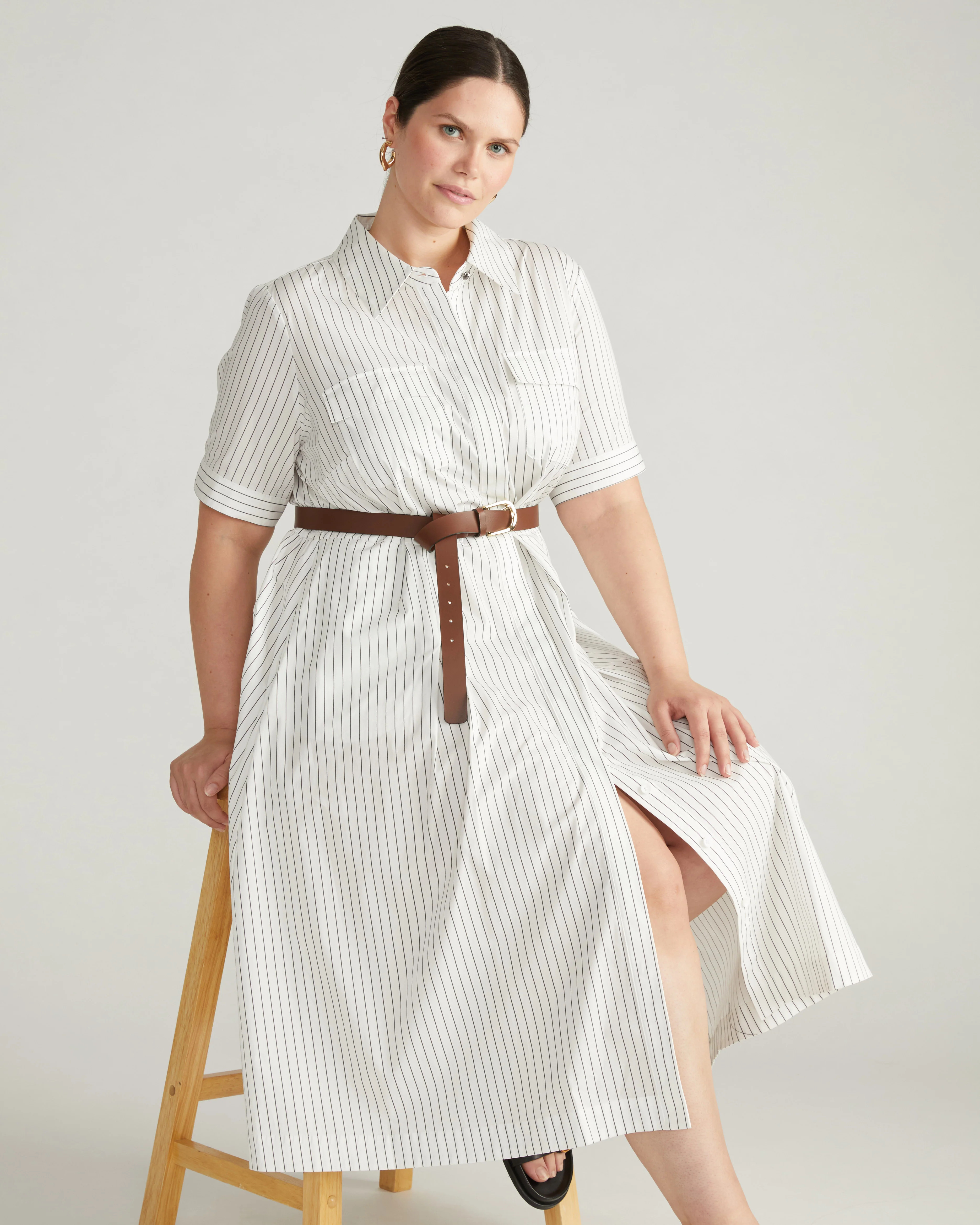 City Poplin Shirtdress - White/Grey Stripe | Universal Standard
