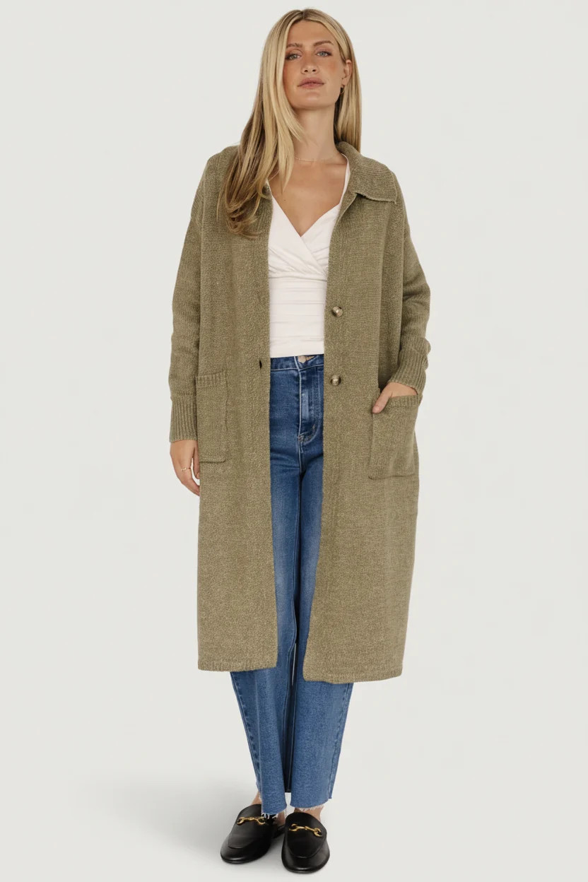 Ontario Long Button Cardigan | Olive | Baltic Born