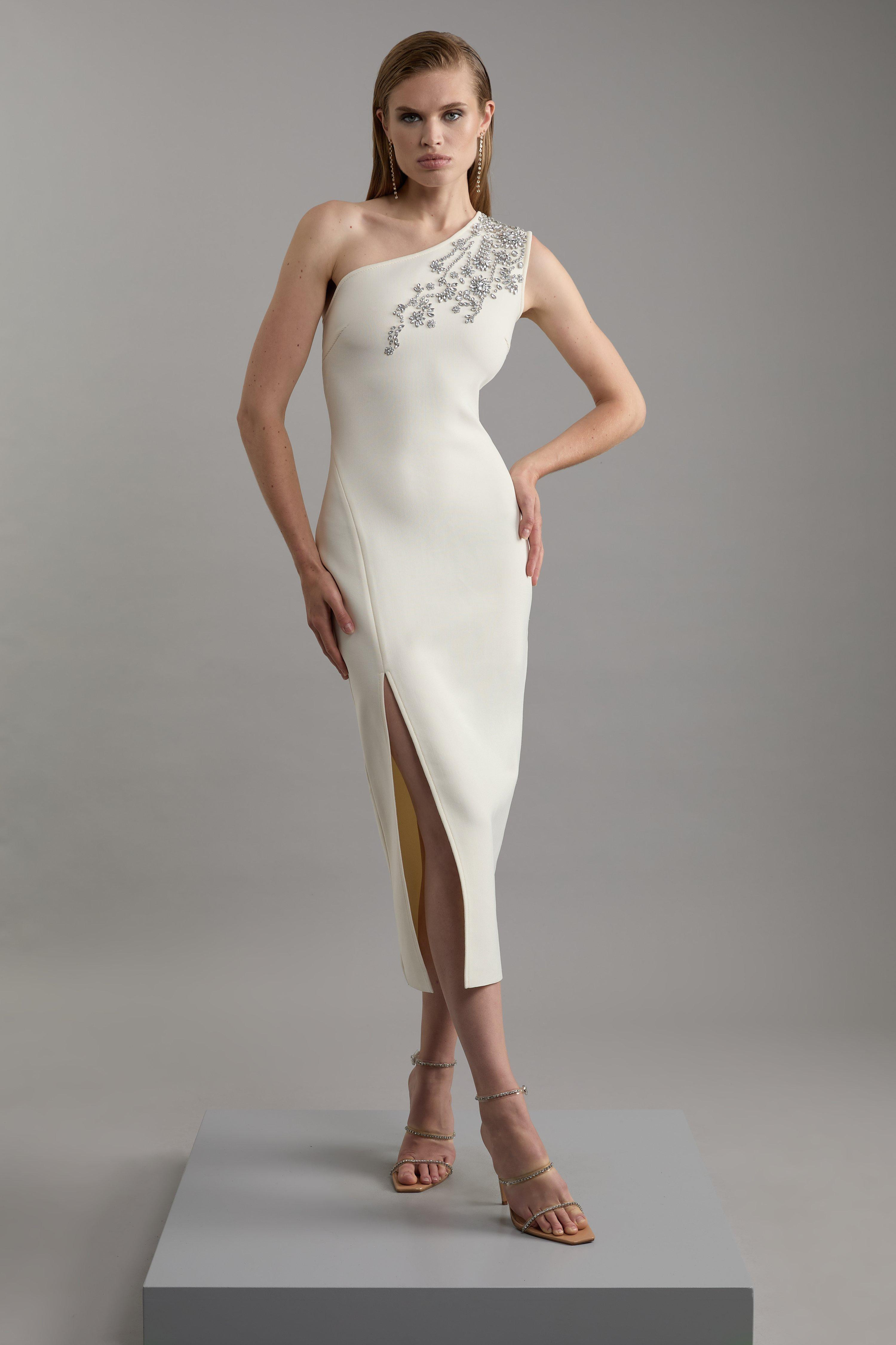 Figure Form Bandage Knit Embellished One Shoulder Midaxi Dress | Karen Millen UK + IE + DE + NL