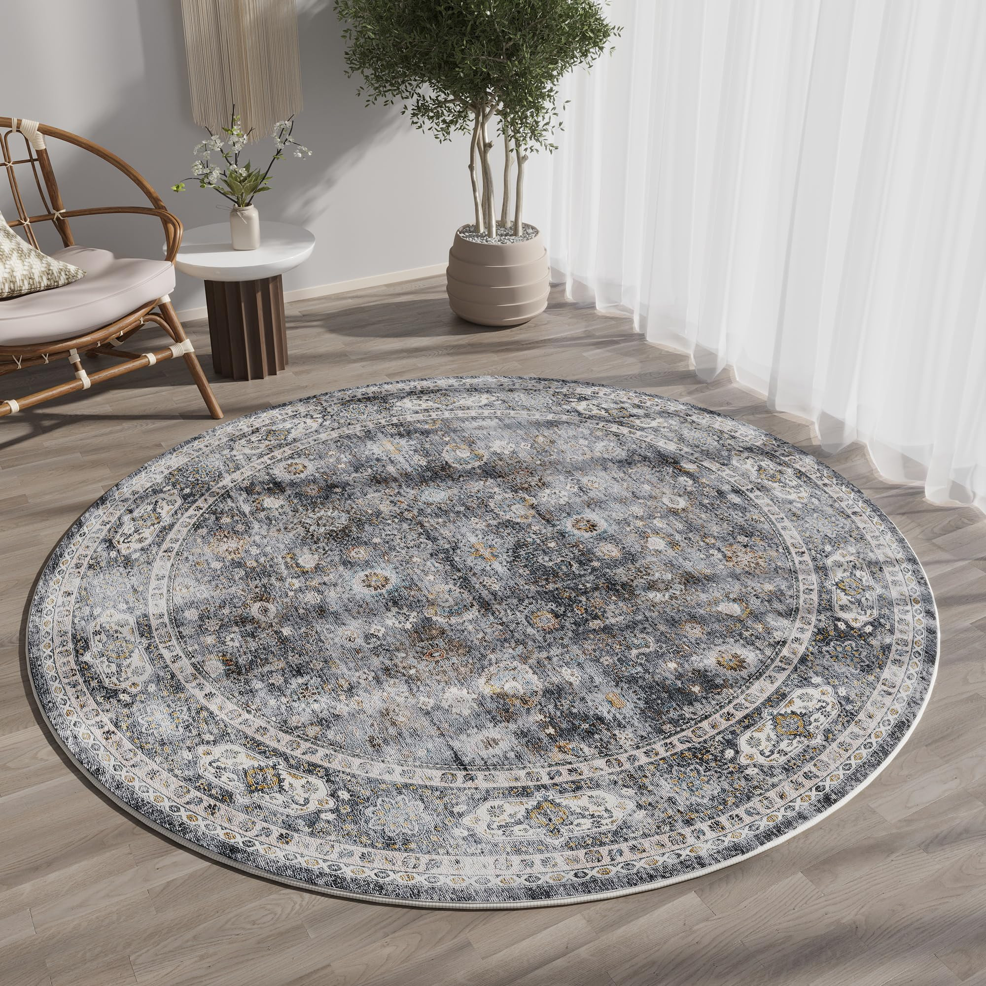 Round Rug 4ft Washable Circle Rug Non Slip Low Pile Boho Small Circular Rug for Bedroom, Bathroom... | Amazon (US)