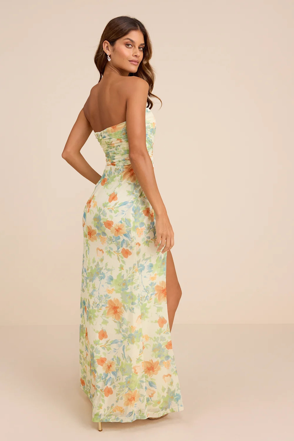 Epitome of Allure Lime Floral Mesh Strapless Ruched Maxi Dress | Lulus
