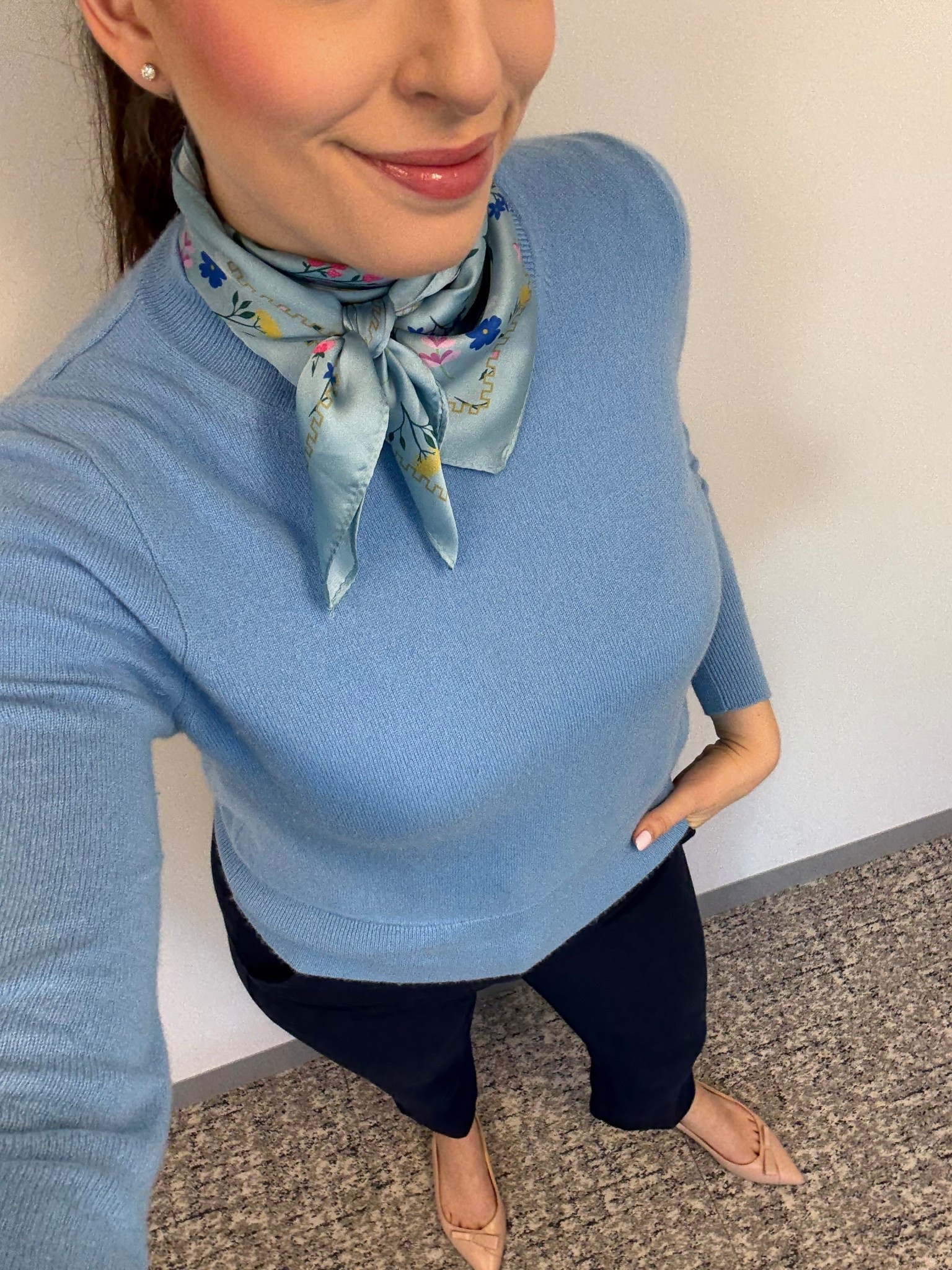 Workwear, spring workwear, spring office outfit, spring business casual, corporate style, spring corporate style, blue sweater, silk scarf, work pants, comfortable work pants, nude ballet flats, nude slingbacks

#LTKSeasonal #LTKWorkwear #LTKootd