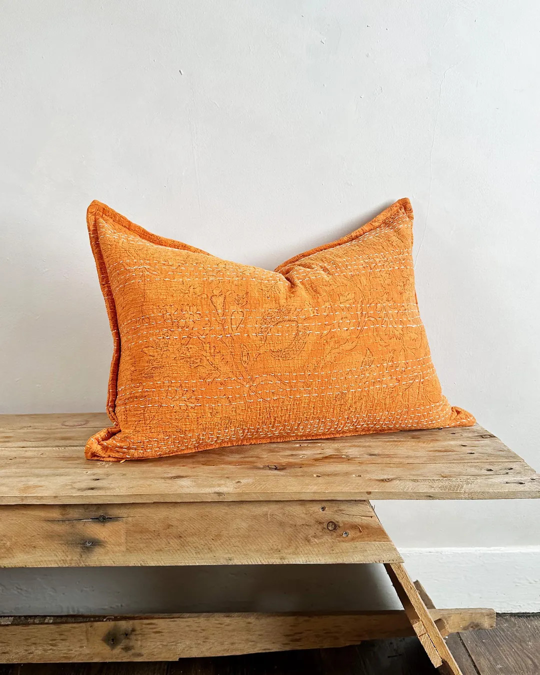 Orange Floral Floral Block Printed Rectangular Kantha Cushion - Indian Cotton With Kantha Hand St... | Etsy (US)