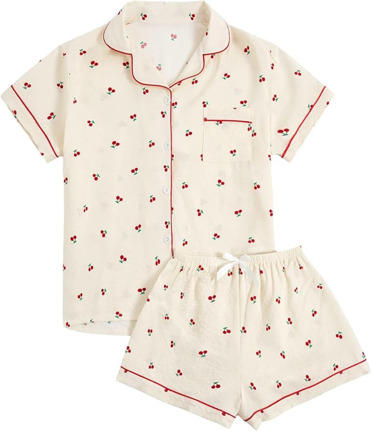 Verdusa Women's 2 Piece Pajama Sets Lightweight Fall Pajamas Cute Pj Set Button Shirt with Shorts... | Amazon (US)