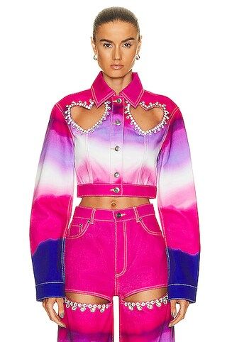 AREA Crystal Heart Cutout Ombre Denim Jacket in Pink Multi | FWRD | FWRD 