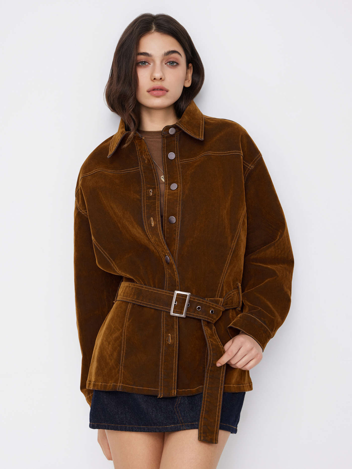 Denim Denim Collar Solid Button Oversized Jacket With Belt For Daily Casual | Cider