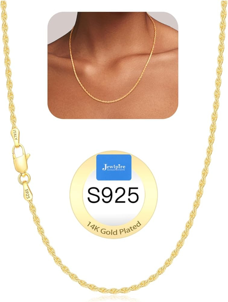 Jewlpire 2mm Rope Chain 925 Sterling Silver Chain Necklace for Women, 14K Gold Plated Chains for ... | Amazon (US)
