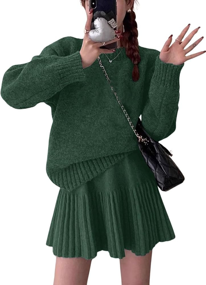 CHARTOU Women Sweater Skirt 2 Pieces Outfits Oversized Pullover Sweater and Pleated Mini Skirt | Amazon (US)