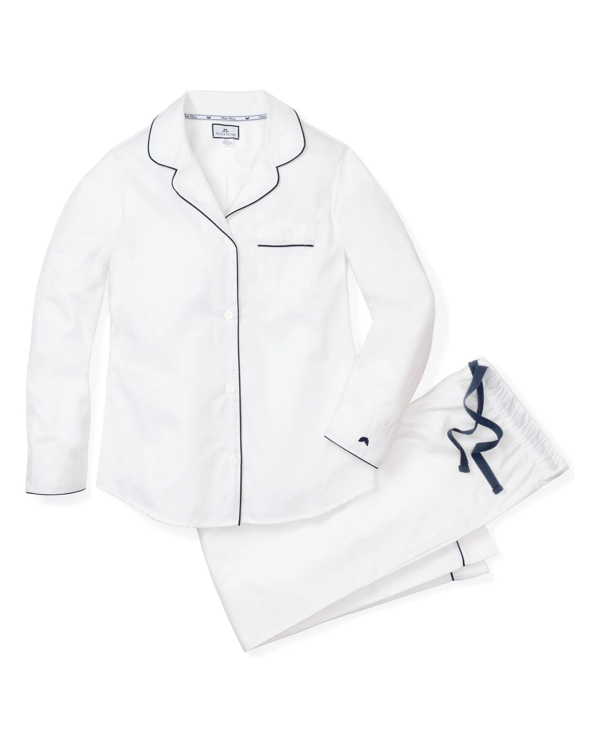 Women's Twill Pajama Set in White With Navy Piping | Petite Plume