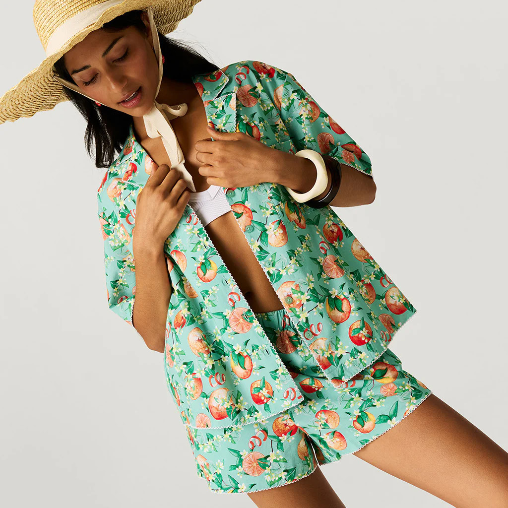 Citrus Green Short Sleeve Arancia Women's Challis Short Set | Posh Peanut® | Posh Peanut