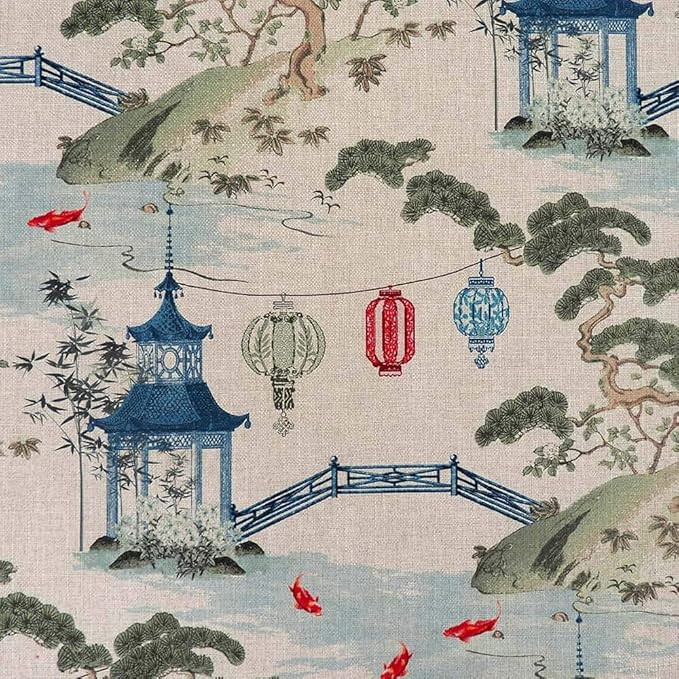 Kirin Linen Blue Red Asian Chinoiserie Toile Pagoda Koi Fish Regal Fabric | Amazon (US)