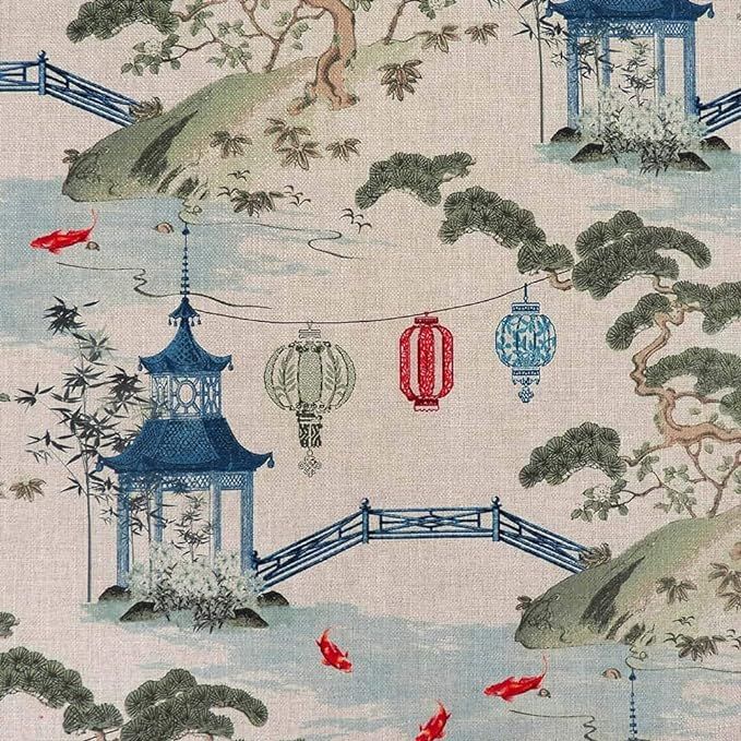 Kirin Linen Blue Red Asian Chinoiserie Toile Pagoda Koi Fish Regal Fabric | Amazon (US)
