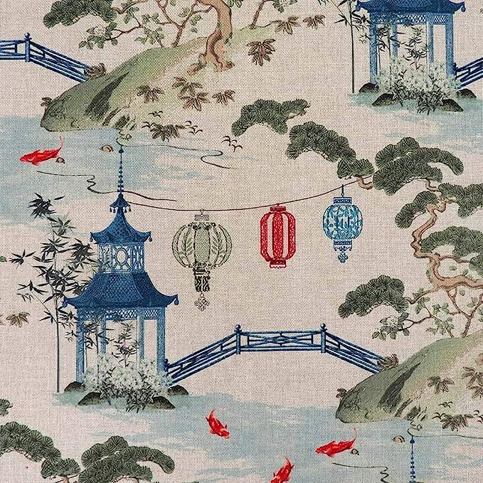 Kirin Linen Blue Red Asian Chinoiserie Toile Pagoda Koi Fish Regal Fabric | Amazon (US)