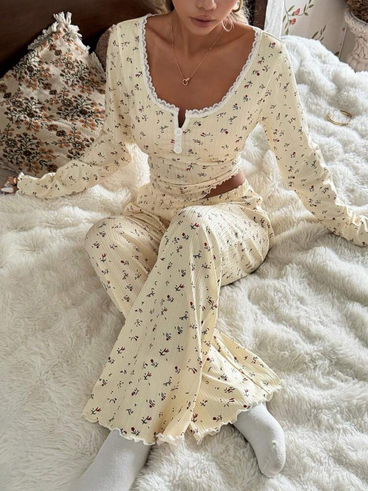 CottageSlumber Romantic Floral Lace Trim Square Collar Jacquard Knit Long Sleeve Pajama Set | SHEIN