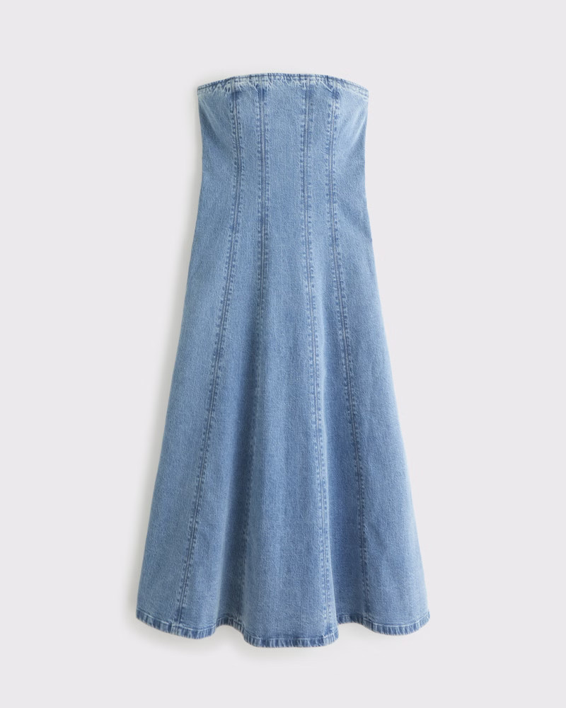 Women's The A&F Mila Strapless Denim Midi Dress | Women's Clearance | Abercrombie.com | Abercrombie & Fitch (US)