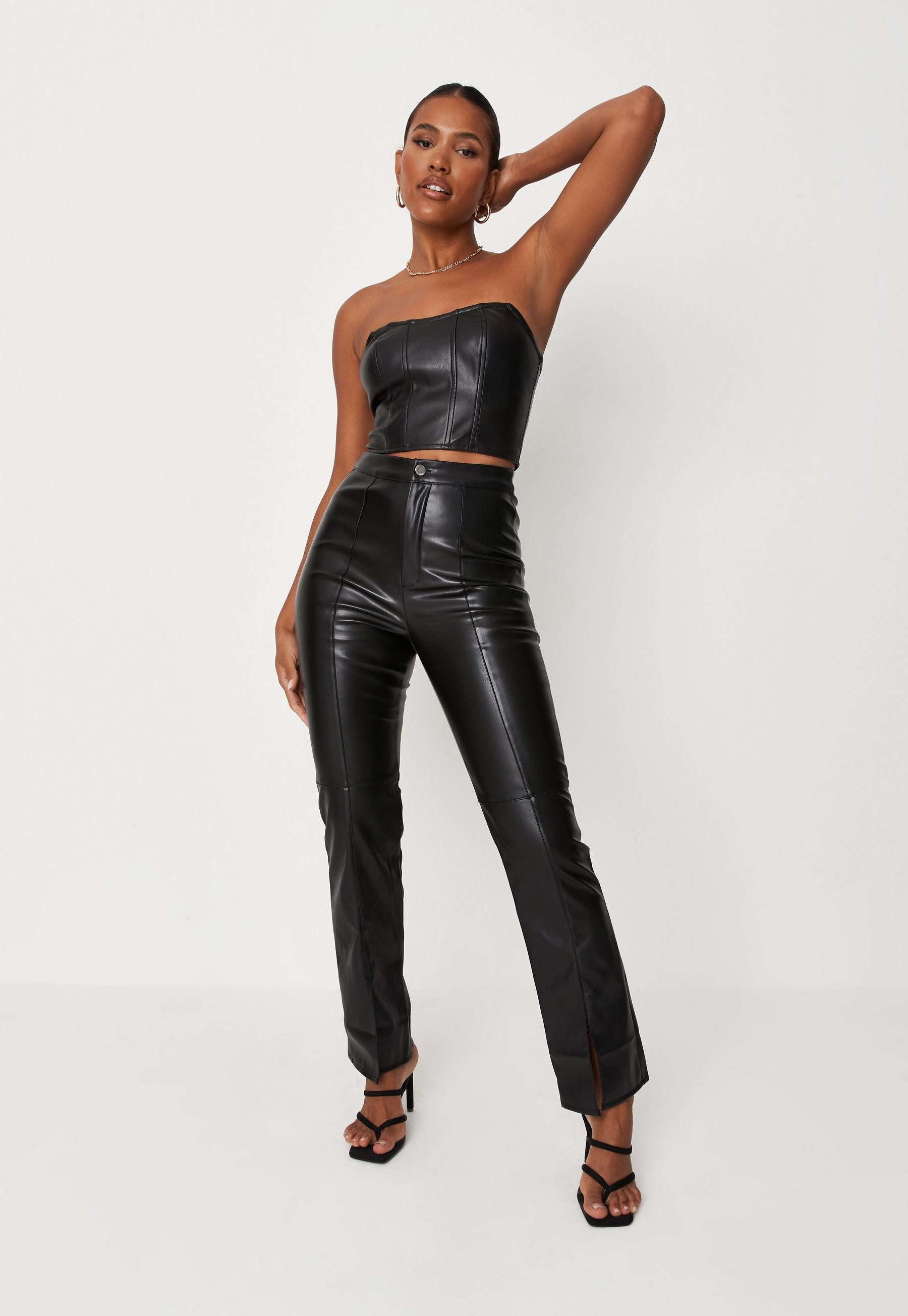 Missguided - Black Faux Leather Split Front Straight Leg Pants | Missguided (US & CA)