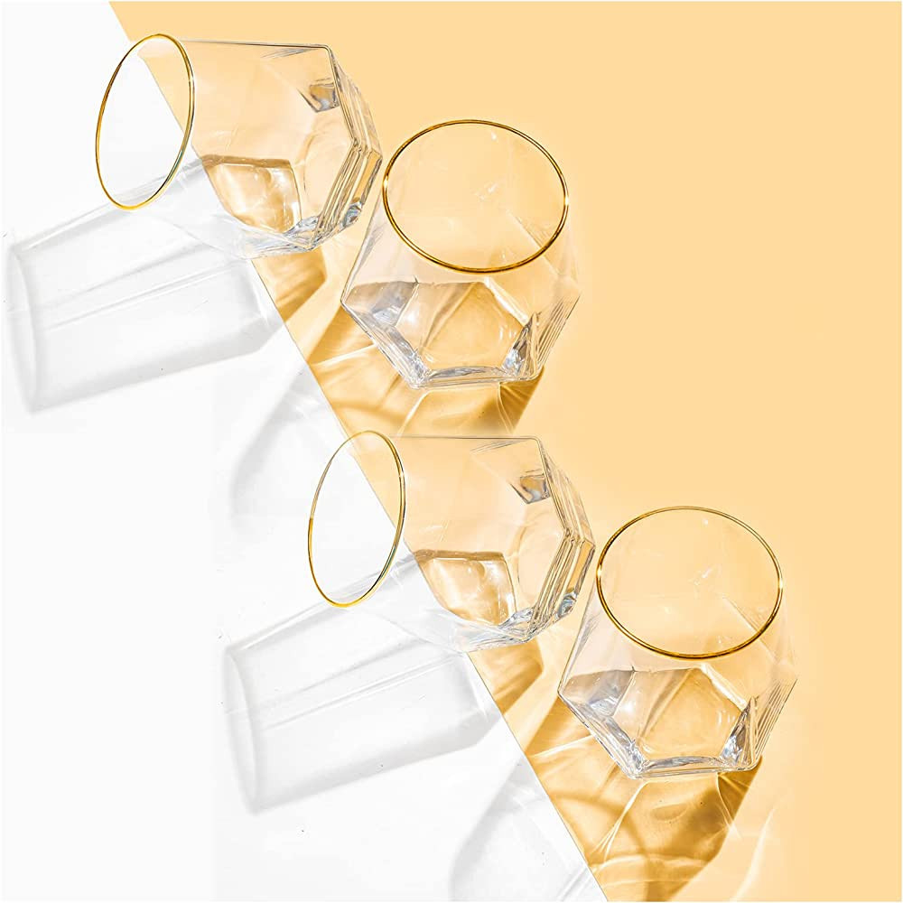 XKXKKE Diamond Wine Glass Set of 4, 10 OZ Modern Stemless Gold Rim Glass Cups Drinking Glassware ... | Amazon (US)