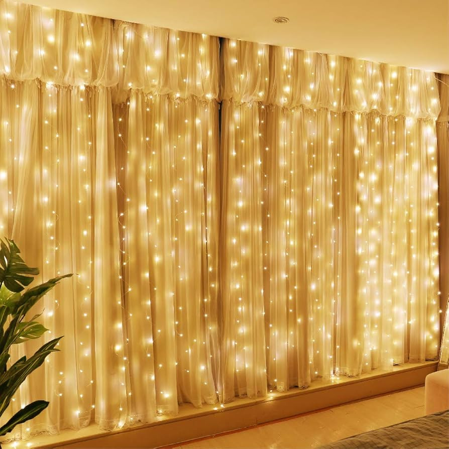 HXWEIYE 300LED Fairy Curtain Lights, 9.8x9.8Ft Warm White USB Plug in 8 Modes Christmas String Ha... | Amazon (US)