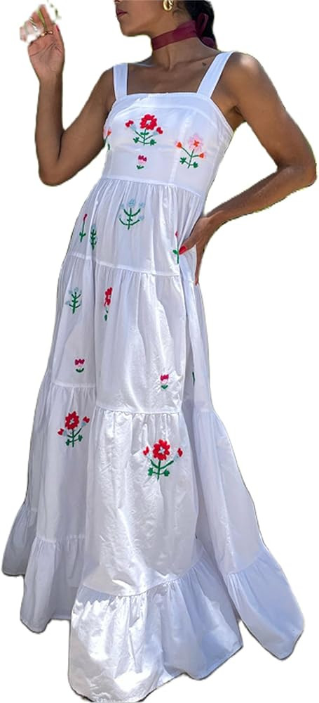 Yuemengxuan Women Cute Embroidered Maxi Dress Beach Dress Summer Boho Ruffle Long Dress Spaghetti... | Amazon (US)