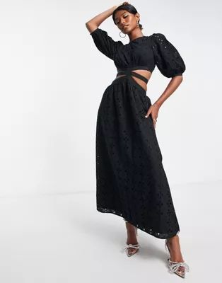ASOS DESIGN premium lace insert cutout midi broderie dress in black | ASOS (Global)