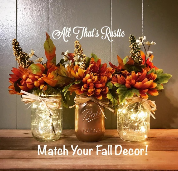 Fall Decor, Mason Jar Fall Decor, Mason Jars with Lights, Fairy Lights, Mason Jar Decor, Centerpi... | Etsy (US)