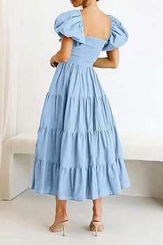 Pretty Garden Womens Summer Puffy Short Sleeve Square Neck Smocked Tiered Ruffle Midi Dress | Amazon (US)