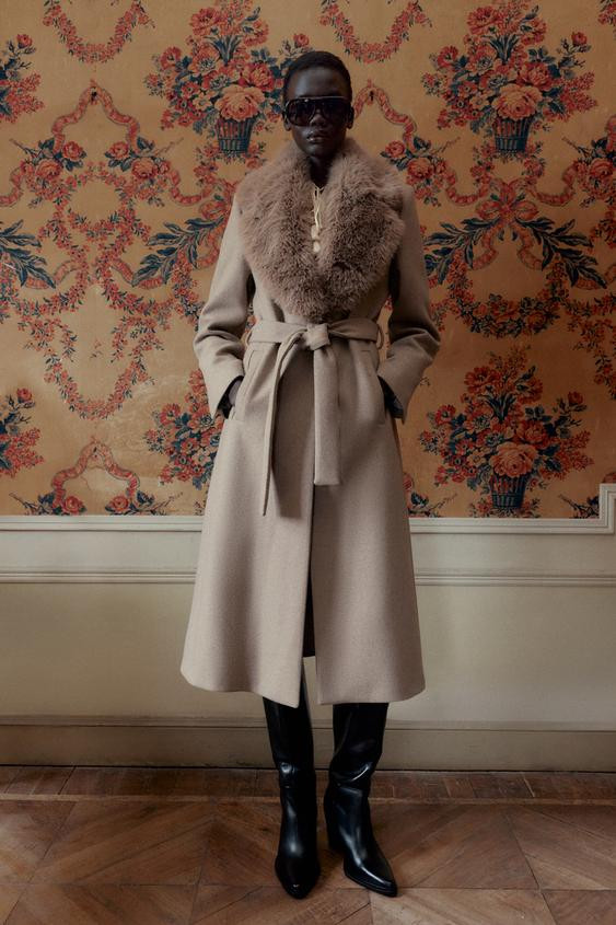 WOOL COAT WITH FAUX FUR LAPEL AND BELT | Zara US