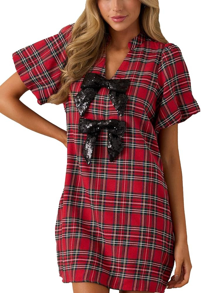 Women Plaid Mini Dress V Neck Lantern Short Sleeve Bow Front Shift Dress with Pocket | Amazon (US)