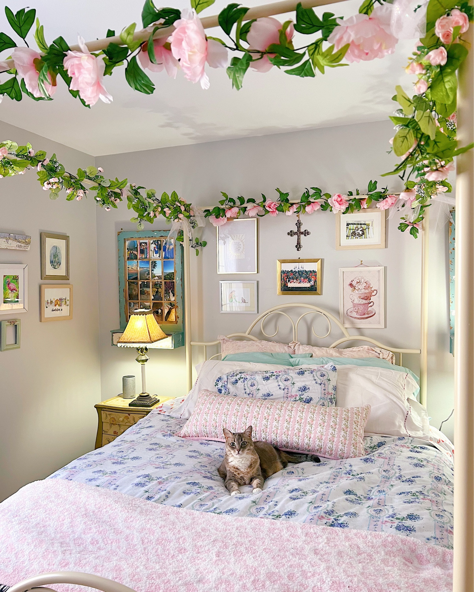 Shabby chic bedroom, shabby chic decor, grand Millennial bedroom, romantic decor style, grand Millennial home decor, floral bedding, floral design, feminine bedroom, canopy bed 

#LTKhome