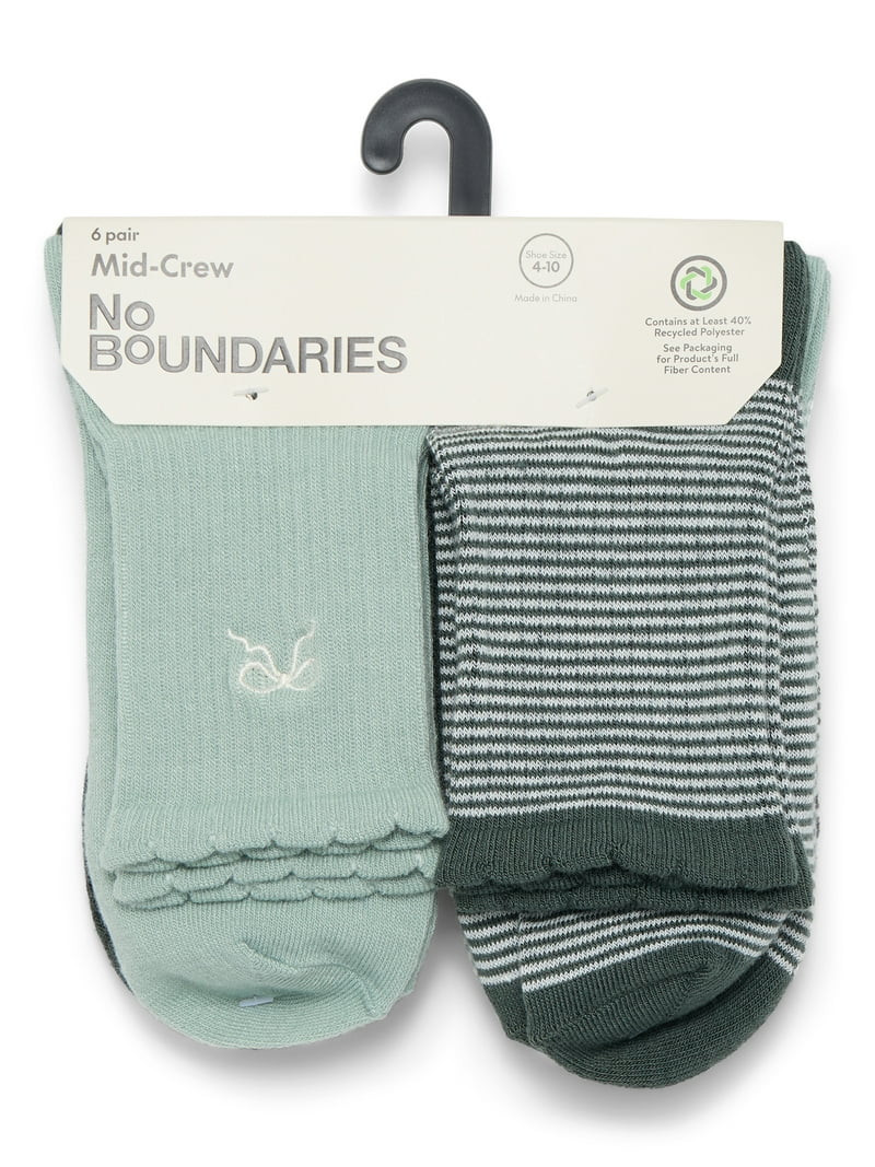 No Boundaries Women's Embroidered Scallop Edge Mid-Crew Socks, 6-Pack, Size 4-10 | Walmart (US)