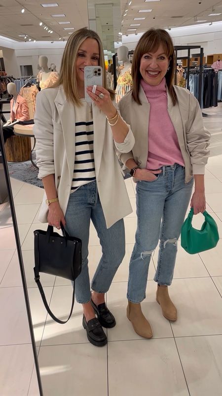 Come along with us as we go shopping on St. Patrick’s Day!🍀 First we took care of some returns and ran into our friend Karen of @cutelittleacorn ! Then we walked down to @nordstrom and you might notice we weren’t wearing any green!🙈💚 I grabbed my green @lookoptic readers and Krista grabbed her cute green clutch as we were heading out the door! Pinch-proofed! ✅😅
•
We finished our day sharing a red velvet doughnut from the #nordstrom snack bar. Fun way to spend the day!🍀💚 Outfit details on the @shop.LTK app!

Spring outfit, Madewell striped sweater, black loafers, pink sweater, mango, bomber jacket, Levi’s wedgie jeans, off white blazer

#LTKFind #LTKunder100 #LTKunder50