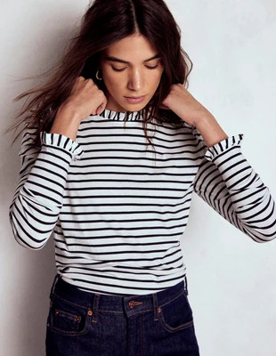 Supersoft Frill Detail Top-Ivory / Navy Stripe | Boden (US)